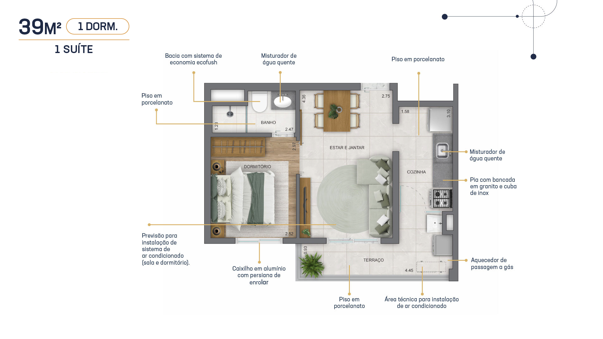 Planta do Apartamento de 39m² - 1 suíte