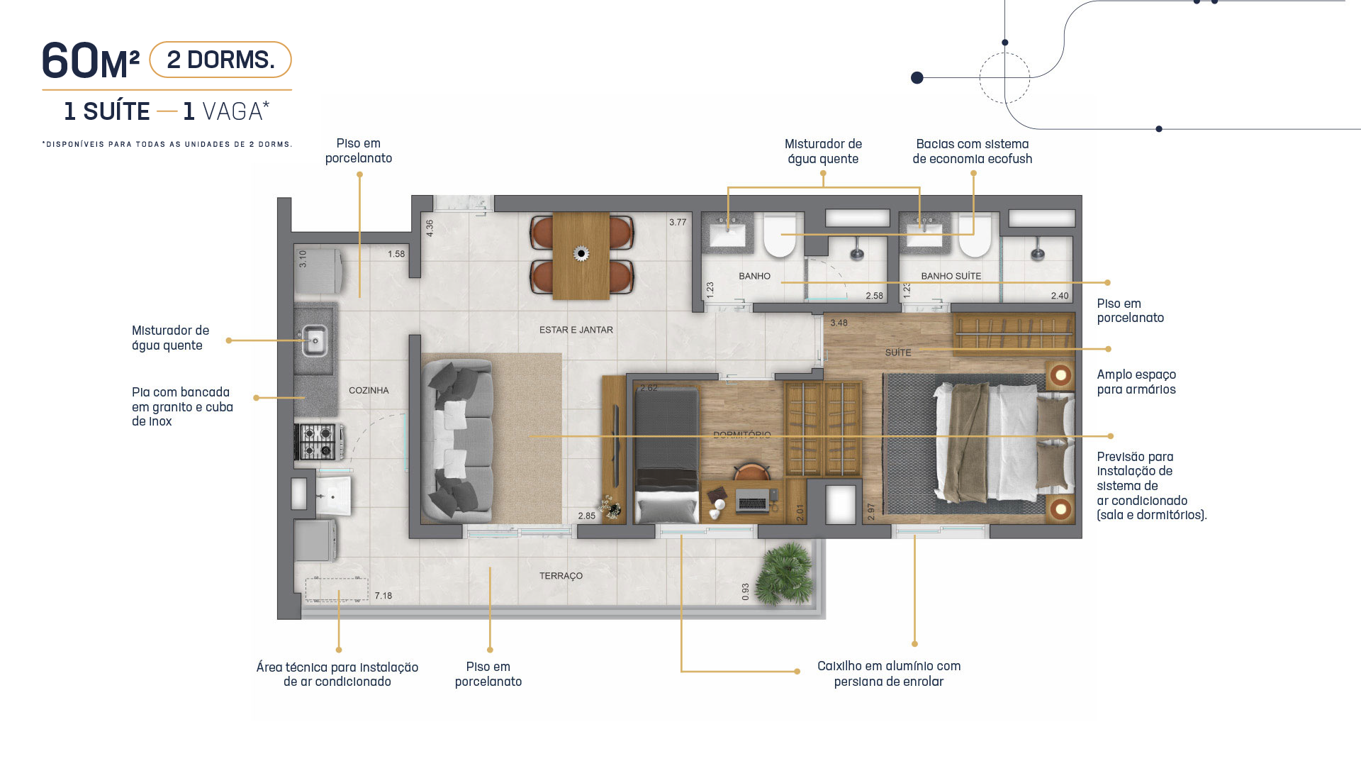 Planta do Apartamento de 60m² - 2 dorms 1 suíte com 1 vaga