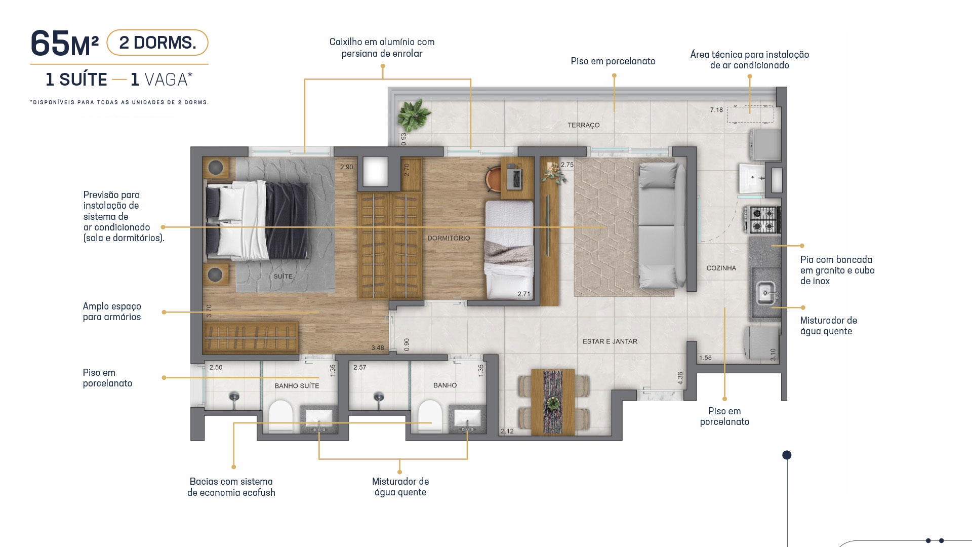 Planta do Apartamento de 65m² - 2 dorms 1 suíte com 1 vaga