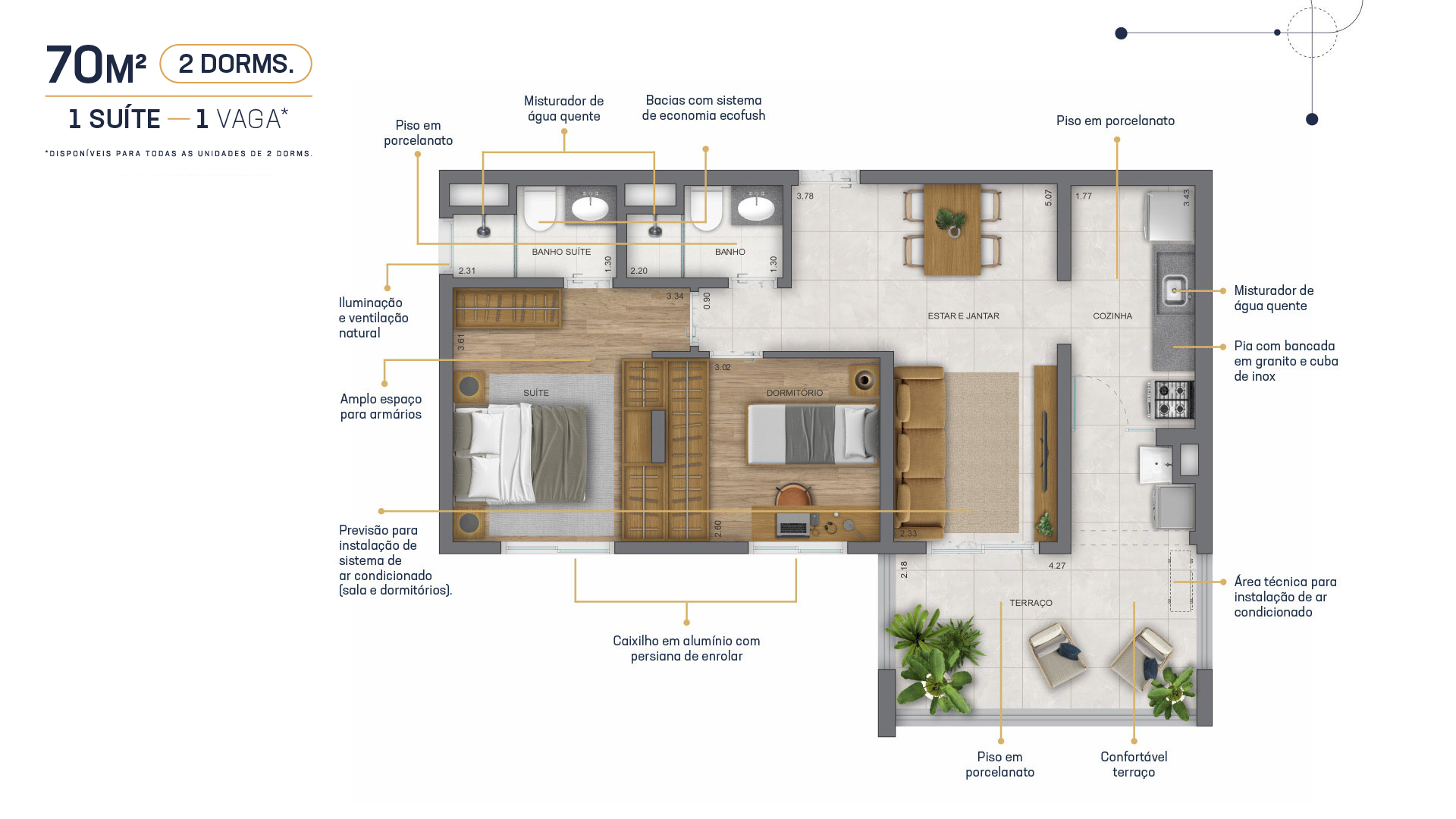 Planta do Apartamento de 70m² - 2 dorms 1 suíte com 1 vaga